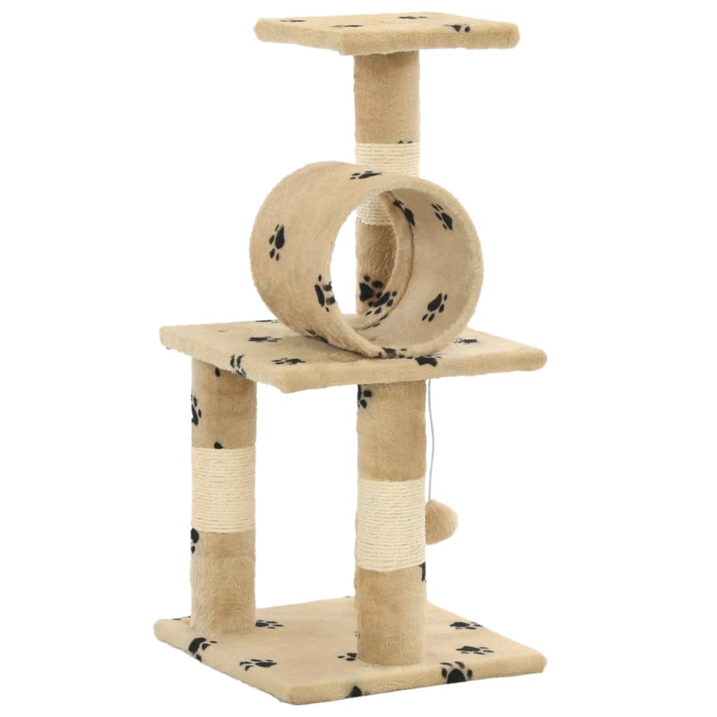 Arbre à chat beige et empreintes 65 cm 2 niveaux 1 tunnel Arbre à chat beige et empreintes 65 cm 2 niveaux 1 tunnel – Image 2