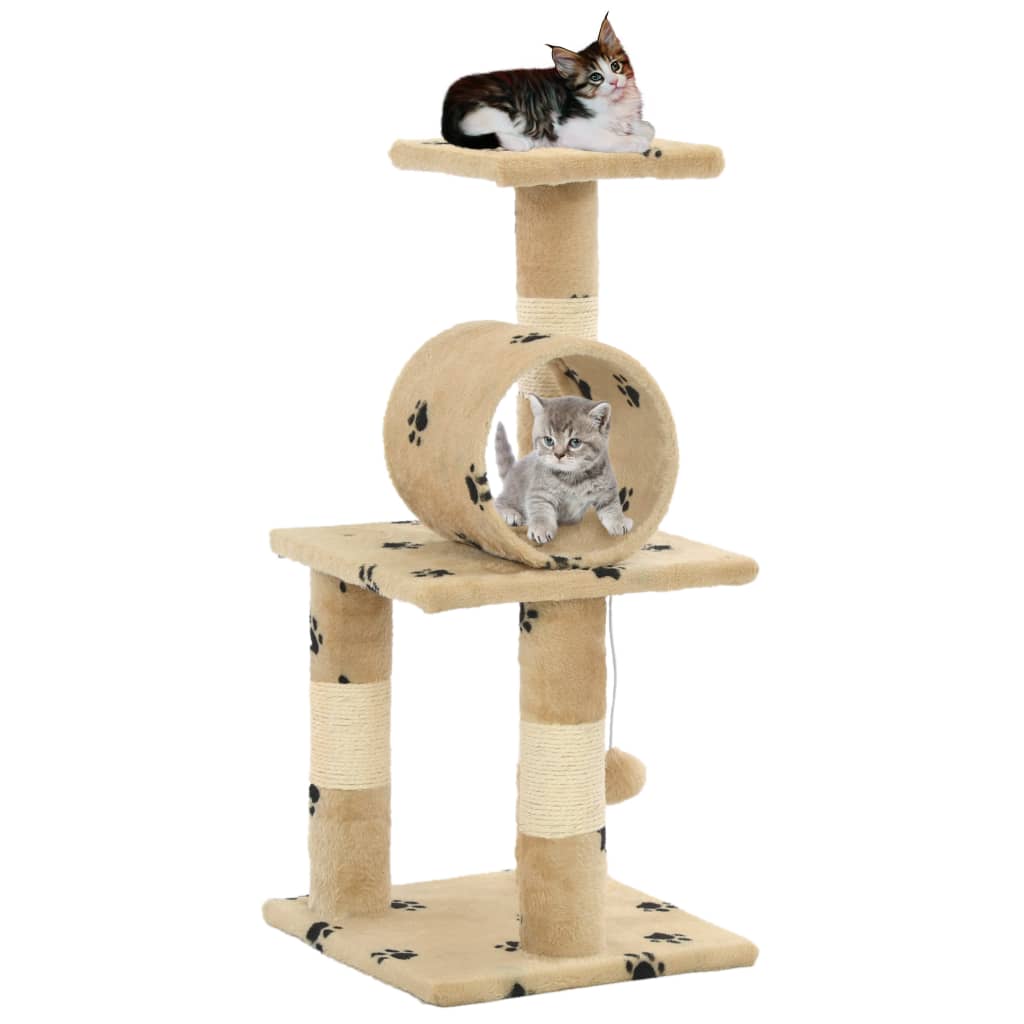 Arbre à chat beige et empreintes 65 cm 2 niveaux 1 tunnel Arbre à chat beige et empreintes 65 cm 2 niveaux 1 tunnel