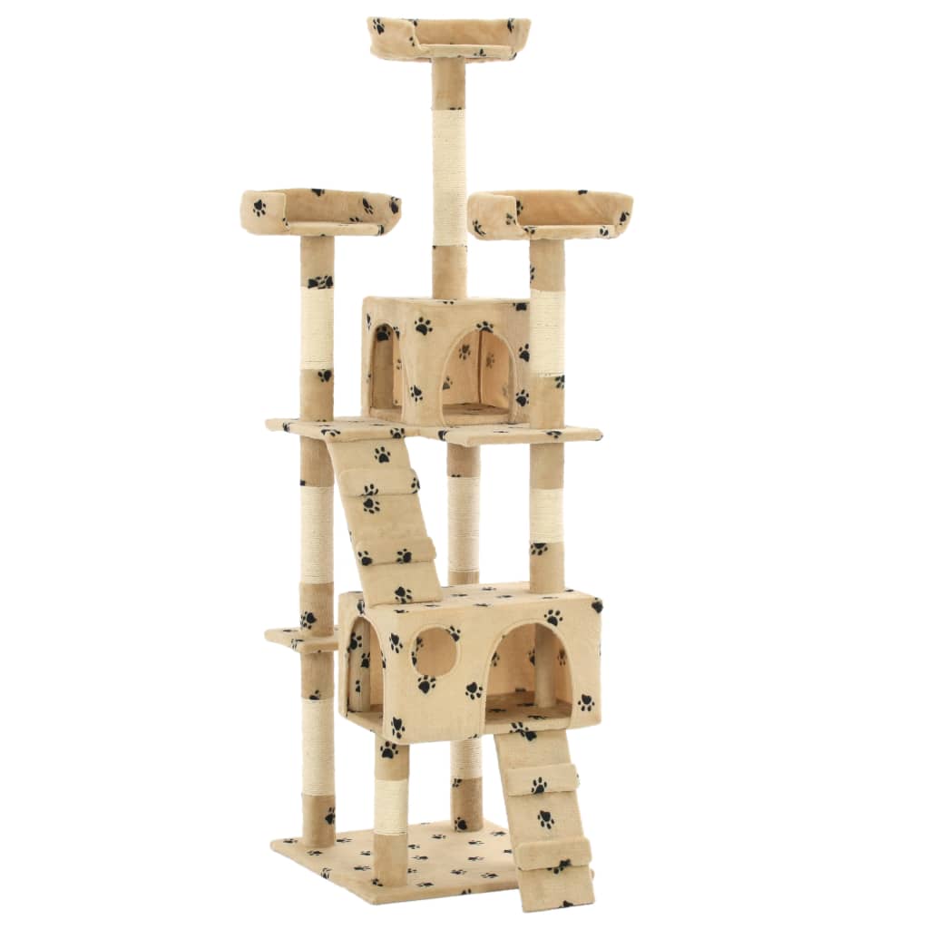 Arbre à chat beige et empreintes 170 cm 5 niveaux 2 maisons Arbre à chat beige et empreintes 170 cm 5 niveaux 2 maisons