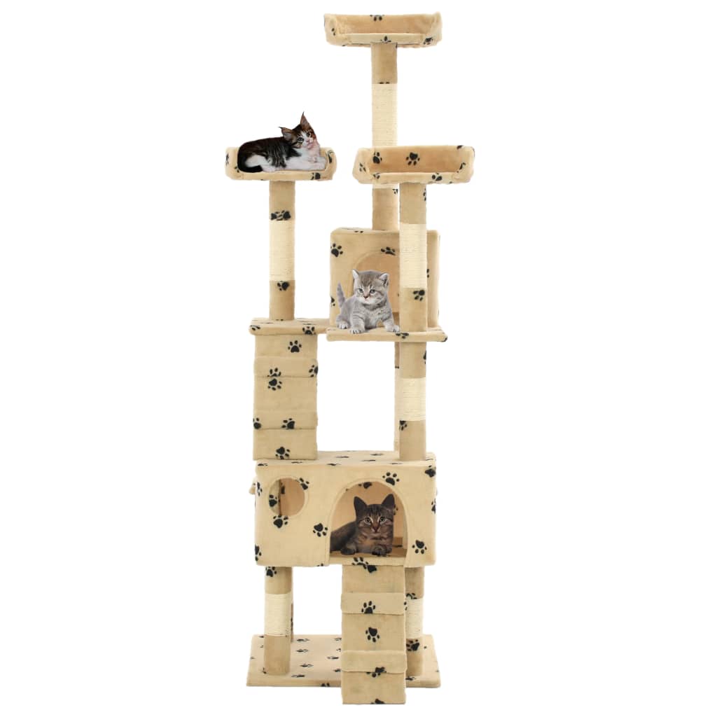 Arbre à chat beige et empreintes 170 cm 5 niveaux 2 maisons Arbre à chat beige et empreintes 170 cm 5 niveaux 2 maisons – Image 2