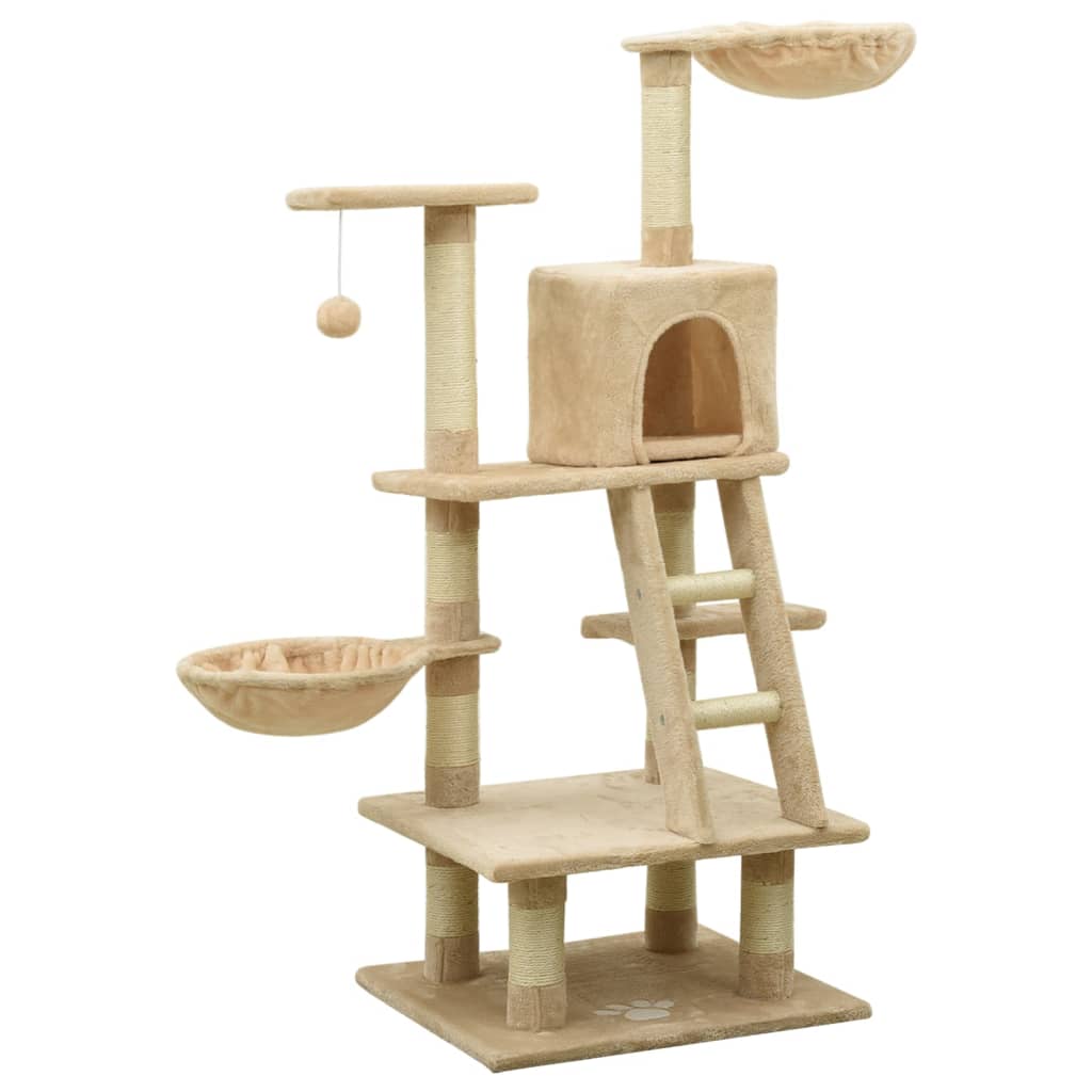 Arbre à chat beige 122 cm 5 niveaux 1 maison Arbre à chat beige 122 cm 5 niveaux 1 maison – Image 2