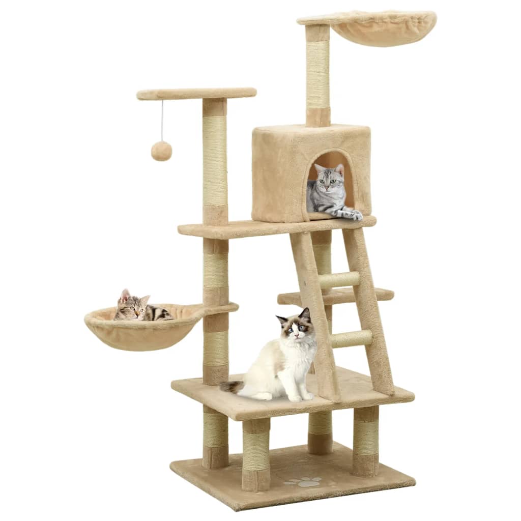 Arbre à chat beige 122 cm 5 niveaux 1 maison Arbre à chat beige 122 cm 5 niveaux 1 maison